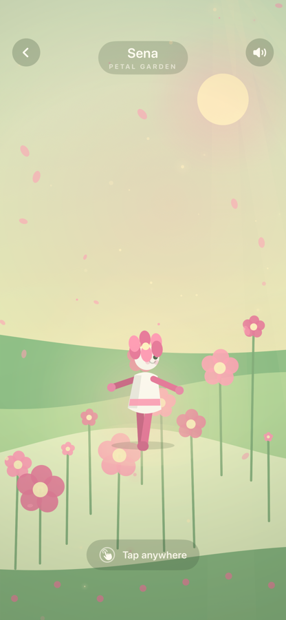 Sena among tall pink flowers in a green garden