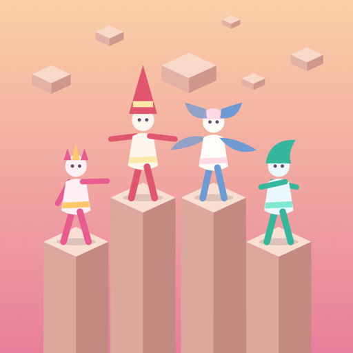The Mythlings app icon: four characters standing on floating isometric blocks