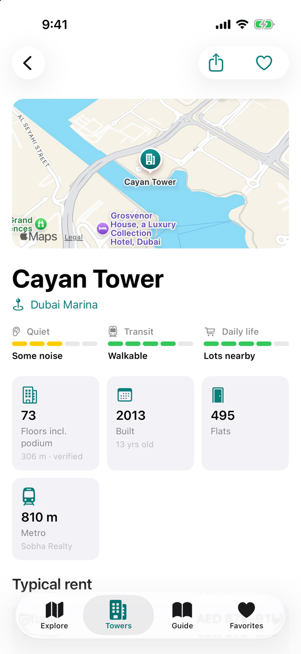 A TowerWise tower page: Quiet, Transit and Daily-life scores above plain-language insights about the building and its surroundings.