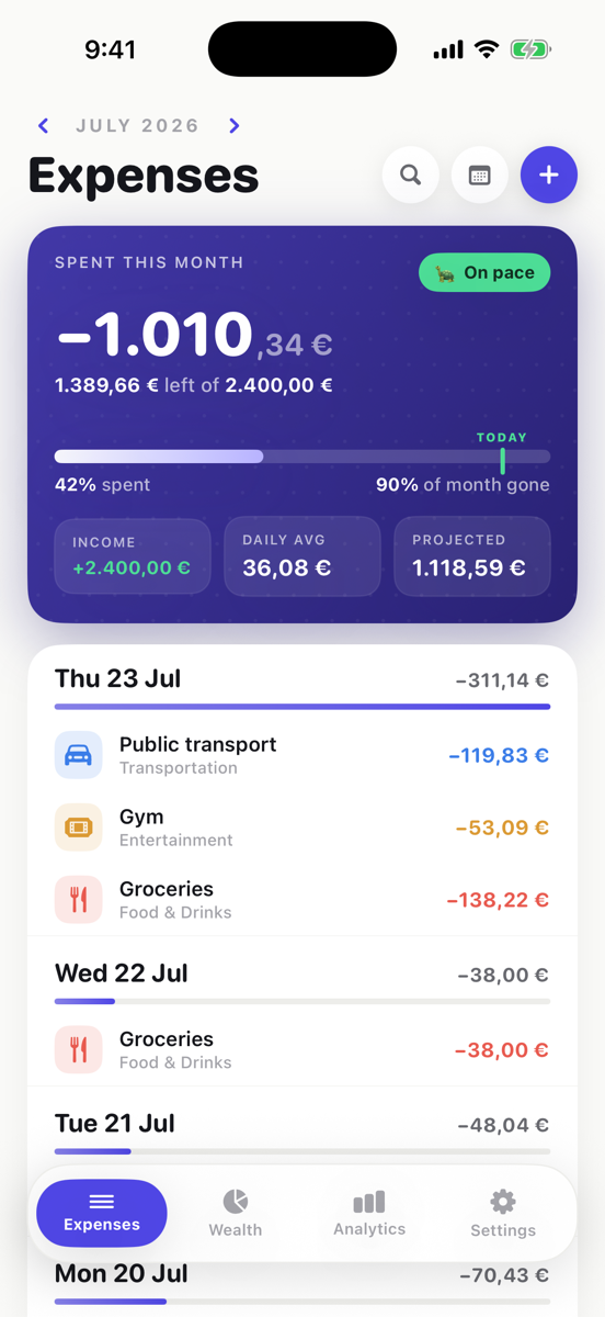 The MoneyTurtle Expenses screen: a month budget hero showing the amount spent, the amount left and a daily average, above a timeline of expenses grouped by day.